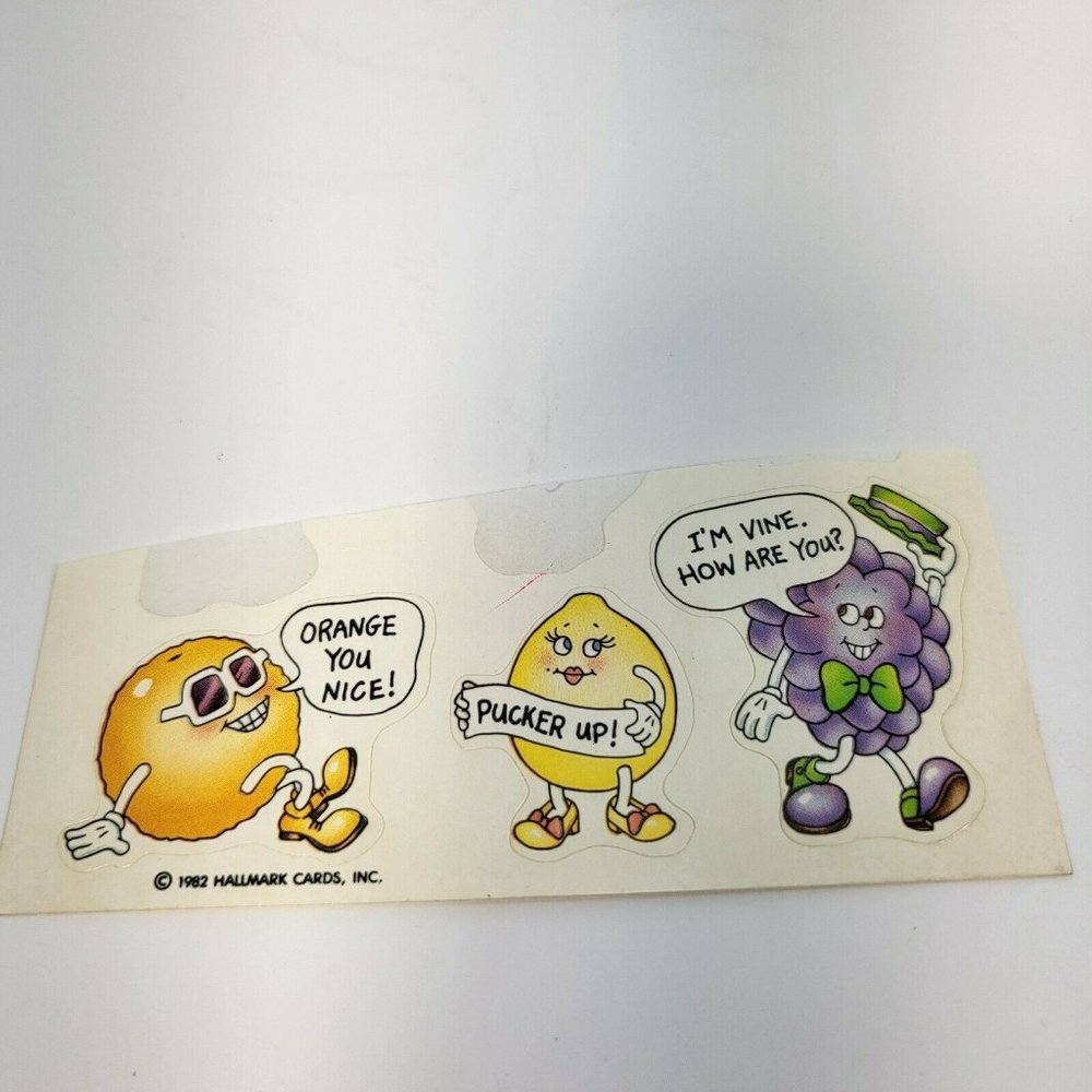 Vintage 1982 Hallmark Sticker Sheet Talking Fruit Very Cute - 3 Stickers Left